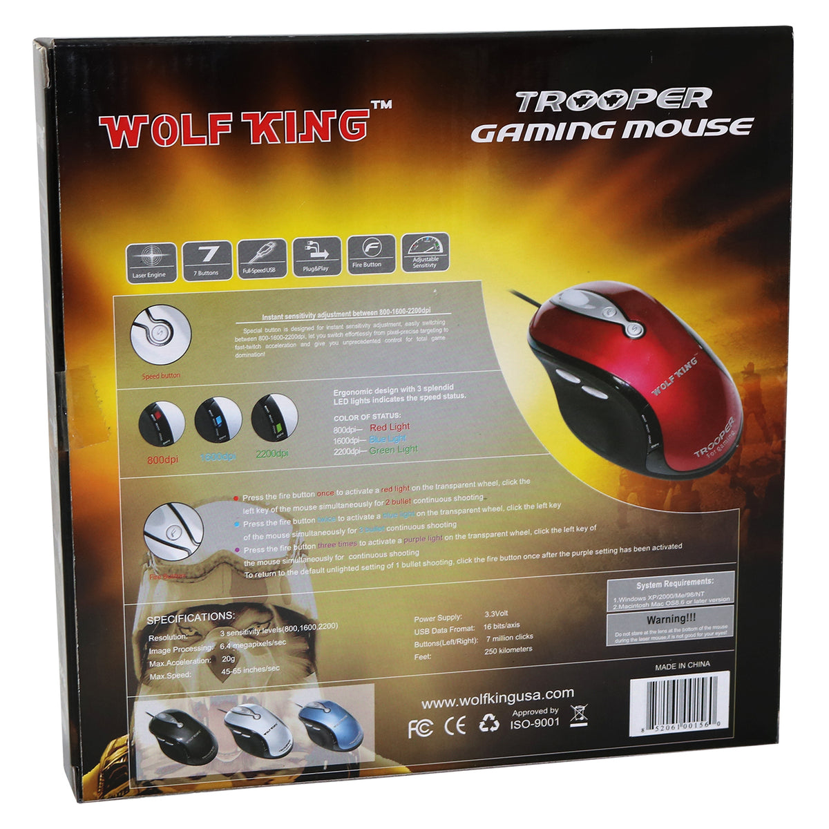 WOLFKING Trooper Gaming Maus in Silber /2200DPI/ 7 Tasten
